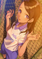 1_female against_fence artist_logo blue_shorts brown_eyes brown_hair chain-link_fence clothes_writing collared_shirt danbooru danbooru-safebooru evening feet_out_of_frame female fence fingernails gelbooru gym_shorts gym_uniform hair_clip hair_ornament hairclip hands_up high_resolution long_hair looking_at_viewer looking_up mature name_tag original pairan safe sankaku_channel shirt short_sleeves shorts signature solo standing sunlight tareme_eyes uniform wing_collar // 850x1200 // 359.3KB