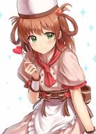 1_female alternate_costume apron breasts brown_hair chef_hat chef_uniform commentary_request danbooru danbooru-safebooru dargo female gelbooru green_eyes hair_ornament hair_rings hat heart heart_hair_ornament inosaki_rino looking_at_viewer mature medium_breasts princess_connect! princess_connect!_dive ribbon safe safebooru simple_background smile solo sparkle_background white_background // 651x905 // 104.2KB