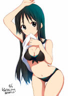 1_female akiyama_mio arm_up bare_shoulders bikini black_bikini black_eyes black_hair blush breasts cleavage clothes_lift commentary_request dated female front-tie_top grey_eyes hime_cut k-on! long_hair looking_at_viewer medium_breasts mouth_hold navel official_style one_arm_up ragho_no_erika shirt shirt_lift signature solo swimsuit top_lift white_shirt // 724x1024 // 84.2KB