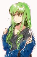 1_female bag bangs breasts c.c. cleavage code_geass creayus eyebrows_visible_through_hair female green_hair grey_background handbag jacket long_hair looking_away mature medium_breasts nail_polish potential_duplicate safe simple_background sketch sleeves_past_wrists solo stormoon surprised sweater twitter_username undressing v-neck yellow_eyes // 600x920 // 555.9KB