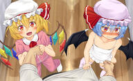 1_male 2_females blonde_hair blue_hair blush child closed_mouth clothed clothed_male clothing collarbone contentious_content d fangs_out female flandre_scarlet flat_chest granblue_fantasy happy hat jpeg_artifacts kitsunerider lingerie loli looking_at_viewer male male_point_of_view multiple_females navel nipples nude open_mouth point_of_view point_of_view_eye_contact red_eyes remilia_scarlet short_hair smile thigh-highs top_pull touhou undead underwear vampire vampy wings young // 2432x1500 // 710.4KB
