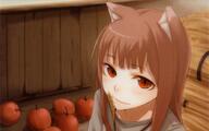 20171213 animal_ears apple brown_hair ears food fruit holo long_hair red_eyes safe spice_and_wolf wolf_ears wolfgirl // 1920x1200 // 881.8KB