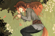 00s 1_female ^_^ animal anthropomorphism brown_hair female flower happy holo light_novel long_hair nature potential_duplicate sleeping smile spice_and_wolf tail wolfgirl // 4200x2749 // 3.2MB