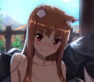 1_female 20171213 animal_ears animal_tail blush breasts brown_hair collarbone ears fangs fangs_out female high_resolution highres holo kawakami_rokkaku long_hair looking_at_viewer nude onsen protected_link red_eyes small_breasts smile solo spice_and_wolf tail takanashi_rei wolf_ears wolf_girl wolf_tail // 1896x1671 // 2.5MB