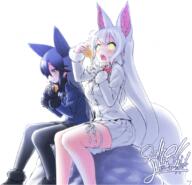 2017 2_females animal_ears animal_tail black_bow black_gloves black_legwear black_neckwear black_skirt blush bow bowtie breasts closed_mouth commentary commentary_request eating eyebrows_visible_through_hair female food fox_tails from_side fur fur_trim gloves holding_food jacket kemono_friends large_breasts long_hair mature multiple_females number oinari-sama_(kemono_friends) pantyhose red_bow_ornament silver_fox_(kemono_friends) sitting skirt sushi sweatdrop t tail wavy_mouth white_gloves white_hair white_skirt yellow_eyes yoshida_hideyuki // 1088x1048 // 1.1MB