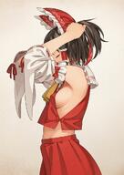 1_female arms_up bare_shoulders black_hair bow breasts cowboy_shot eyes_closed female from_side hair_bow hakurei_reimu medium_breasts midriff no_bra short_hair sideboob simple_background skirt solo standing touhou // 848x1200 // 112.1KB
