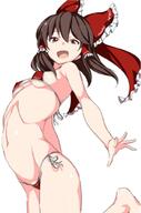 1_female bare_shoulders bikini bow breasts brown_eyes brown_hair female hair_bow hakurei_reimu open_mouth short_hair simple_background small_breasts solo stomach swimsuit touhou // 675x1024 // 55.9KB