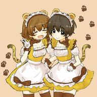 2_females alternate_costume animal_ears black_legwear brown_eyes brown_hair choker closed_mouth crossed_arms dress ears eyes_closed fake_animal_ears fake_tail female freckles frills girls_und_panzer gloves headdress multiple_females pose puffy_sleeves safe standing tail w waitress white_gloves yellow_dress // 600x600 // 325.3KB