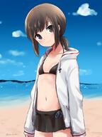 1_female alternate_costume arms_at_sides bangs beach bikini bikini_skirt bikini_under_clothes black_bikini black_eyes black_hair blue_ribbon blue_sky blush closed_mouth cloud clouds commentary cowboy_shot day drawstring eyebrows eyebrows_visible_through_hair eyes_visible_through_hair female flat_chest from_side fubuki_(kantai_collection) head_tilt hood hood_down hooded_jacket ica in_profile jacket kantai_collection light_smile loli long_sleeves looking_at_viewer low_ponytail navel ocean open_clothes open_jacket outdoors pocket ponytail ribbon short_hair short_ponytail sidelocks sketch sky smile solo standing stomach swimsuit tied_hair twitter_username unzipped water white_jacket // 800x1067 // 562.5KB
