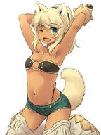 1_female ;d animal_ears animal_tail aqua_eyes armpits arms_up blonde_hair breasts cutoffs dark_skin denim denim_shorts ears extra_ears eyebrows eyebrows_visible_through_hair fangs female hair_ornament hair_ribbon hair_tie high_resolution highres kneeling liru long_hair looking_at_viewer mature navel o-ring o-ring_top one_eye_closed open_mouth ponytail renkin_san-kyuu_magical_pokaan ribbon safe short_shorts shorts simple_background small_breasts smile solo tail thighs tied_hair whisker_markings white_background wink wolf_ears wolf_girl wolf_tail yudepii // 1200x1600 // 1.1MB
