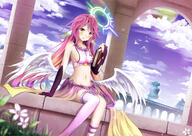 10s 1_female 1girl angel_wings arch architecture asakurashinji bangs bare_shoulders bird black_gloves blurry blush book breasts bridal_gauntlets chess_piece cloud collarbone depth_of_field dutch_angle feathered_wings feathers female flower gloves gradient_hair grass greco-roman_architecture groin halo high_resolution highres holding holding_book holding_object jibril jibril_(no_game_no_life) knee_highs kneehighs knees_together_feet_apart long_hair looking_at_viewer low_wings magic_circle medium_breasts midriff mismatched_gloves mismatched_legwear mound_of_venus multicolored_hair navel no_game_no_life outdoors parted_lips pillar pink_hair planet purple_hair purple_legwear safe sideboob single_kneehigh single_thighhigh sitting sky sleeveless sleeveless_outfit smile solo symbol-shaped_pupils thigh-highs thighhighs torn_clothes torn_gloves very_long_hair wallpaper white_wings wings yellow_eyes // 1698x1200 // 778.2KB