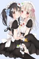 2_females apron asymmetrical_hair bangs black_dress black_hair black_legwear blonde_hair blue_background blue_hairband blue_ribbon blueberry blush bow breast_press breasts brown_eyes brown_hair butterfly_hair_ornament cherry closed_mouth commentary_request dress eyebrows_visible_through_hair face-to-face fate fatekaleid fatekaleid_liner_prisma_illya female food frilled_apron frills from_side fruit hair_between_eyes hair_ornament hair_ribbon hair_tie hairband heart illyasviel_von_einzbern in_profile kneeling long_hair looking_at_viewer maid maid_apron maid_headdress mature md5_mismatch miyu_edelfelt multiple_females open_mouth orange orange_slice parted_lips pink_eyes pink_ribbon platinum_blonde ponytail puffy_short_sleeves puffy_sleeves red_eyes ribbon short_sleeves side_ponytail silver_hair simple_background sino_(sionori) sitting skindentation small_breasts smile spill strawberry sweatdrop symmetrical_docking tareme_eyes thigh-highs thighs tied_hair twintails waist_apron wariza whipped_cream white_apron white_bow // 749x1137 // 841.8KB