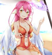 1_female beach beach_mat beach_umbrella blue_hair blush breasts collarbone eyebrows_visible_through_hair feathered_wings feathers female hair_between_eyes halo halterneck head_tilt ikasoke_(likerm6au) jibril jibril_(no_game_no_life) long_hair looking_at_viewer lotion mature medium_breasts multicolored_hair navel no_game_no_life one-piece_swimsuit open_mouth orange_eyes orange_hair orange_swimsuit pink_hair safe sand sarong sitting smile solo sunscreen swimsuit tattoo umbrella very_long_hair water white_wings wings // 1106x1180 // 1.5MB