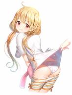 1_female ass blonde_hair brown_eyes female from_behind leaning leaning_forward long_hair looking_at_viewer looking_back panties shirt signature simple_background solo striped_pattern underwear // 515x671 // 246.9KB