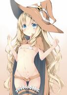1_female bikini blonde_hair blue_eyes blush body_writing breasts cloak curly_hair female hands_up hat loli lolicon long_hair no_panties shorts small_breasts solo standing thigh-highs very_long_hair with_hat young // 800x1129 // 219.2KB