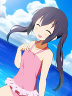 1_female azusa_nakano black_hair blush casual_one-piece_swimsuit cloud collarbone d day dutch_angle eyes_closed female frilled_swimsuit frills halterneck hatasuke k-on! kisuke_(akutamu) long_hair mature nakano_azusa ocean one-piece_swimsuit open_mouth pink_swimsuit round_teeth safe sky smile solo swimsuit teeth tied_hair twintails // 600x800 // 247.1KB
