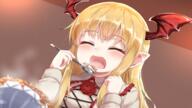 10s 1_female ^_^ blonde_hair blush closed_eyes collared_shirt d ears eating eyes_closed fang fangs female food fooyuta granblue_fantasy head_wings high_resolution highres loli lolicon long_hair open_mouth pointed_ears pointy_ears safe shingeki_no_bahamut shirt smile solo udon undead vampire vampy wing_collar wings young // 1920x1080 // 2.5MB
