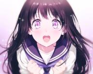 1_female arms_at_sides bangs blue_sailor_collar chitanda_eru clenched_hands close eyebrows_visible_through_hair female hyouka light_particles mature mery_(apfl0515) purple_neckwear purple_theme reflective_eyes round_teeth safe sailor_collar simple_background uniform upper_body white_background // 1100x882 // 1.0MB
