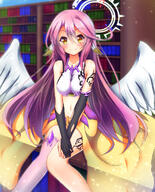 10s 1_female angel_wings art_abyss black_gloves blurry blush bookshelf breasts female gloves halo high_resolution jibril jibril_(no_game_no_life) long_hair looking_at_viewer magic_circle medium_breasts midriff navel no_game_no_life pink_hair pink_legwear safe single_thighhigh sitting smile solo tattoo thigh-highs wings yande.re yellow_eyes ymd_(holudoun) // 1000x1235 // 1.3MB