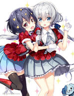 10s 2_females bangs black_footwear black_legwear blue_eyes blue_hair blue_ribbon blue_skirt blush boots breasts brown_flower collared_shirt commentary_request d eyebrows_visible_through_hair female flower footwear fujima_takuya gloves grey_neckwear grey_skirt hair_between_eyes hair_flower hair_ornament hair_ribbon holding holding_microphone hug hug_from_behind jacket knee_boots konno_junko long_hair low_twintails mature microphone mizuno_ai mocochin multiple_females neckerchief open_mouth pixiv_22526 pixiv_72201705 plaid_jacket pleated_skirt puffy_short_sleeves puffy_sleeves red_eyes red_jacket ribbon safe shirt short_sleeves silver_hair simple_background skirt small_breasts smile sparkle standing standing_on_one_leg thigh-highs tied_hair twintails very_long_hair white_background white_gloves white_shirt zombie_land_saga ゾンビランドサガ ゾンビランドサガ1000users入り 水野愛 純愛コンビ 藤真拓哉@4号館ア−03ab 藤真拓哉@お仕事募集中 // 600x772 // 395.9KB