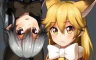 10s 2_females 3 animal_ears black_neckwear blonde_hair bow bowtie brown_eyes commentary commentary_request ears extra_ears eyebrows_visible_through_hair ezo_red_fox_(kemono_friends) female fox_ears gingitsune grey_background grey_hair hair_between_eyes kemono_friends kitakitsune long_hair looking_at_viewer multiple_females open_mouth signature silver_fox_(kemono_friends) simple_background welt_(kinsei_koutenkyoku) white_neckwear yellow_eyes // 1440x900 // 292.4KB