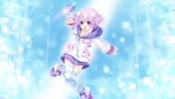 anime anime_girls choker choujigen_game_neptune cyan dress headdress neptune neptune_(choujigen_game_neptune) neptune_(hyperdimension_neptunia) pink_hair purple_eyes short_hair thigh-highs tsunako wallpaper // 3843x2178 // 6.1MB