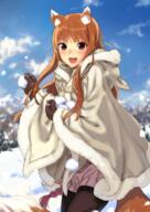 1_female animal_ears animal_tail blush brown_hair cloak day ears eyebrows_visible_through_hair fangs female high_resolution highres holo hood hooded_cloak kawakami_rokkaku long_hair looking_at_viewer mature md5_mismatch mittens open_mouth outdoors pantyhose red_eyes safe smile snow snowball solo spice_and_wolf tail takanashi_rei wolf_ears wolf_tail yande.re // 1157x1637 // 1.8MB