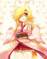 1_female ;d akane_(naomi) animal_ears bad_id bad_pixiv_id blonde_hair ears female fox_ears futaba_akane happy hutaba_akane japanese_clothes kimono long_hair naomi_(sekai_no_hate_no_kissaten) one_eye_closed open_mouth original pink_kimono print_kimono red_eyes red_skirt safe skirt smile solo wink // 800x1000 // 1.2MB