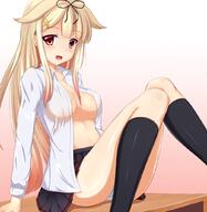 1_female blonde_hair blush breasts desk female hair_clip hair_flaps hair_ornament hairclip kantai_collection knee_highs long_hair mature medium_breasts no_bra on_desk open_clothes open_shirt panties pantyshot pantyshot_(sitting) pleated_skirt red_eyes remodel_(kantai_collection) see-through sitting sitting_on_desk solo straight_hair swimsuit toid310 underwear white_shirt yuudachi_(kantai_collection) // 1000x1026 // 702.6KB