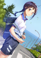 1_female ahoge artist_name bag black_shorts blue_sky blush braid breasts brown_eyes brown_hair collared_shirt commentary_request cowboy_shot crosswalk danbooru danbooru-safebooru day duffel_bag dutch_angle female from_side gelbooru gym_uniform high_resolution highres lamppost light_smile long_hair looking_at_viewer looking_to_the_side mature nose_blush ocean original outdoors pailand pairan parted_lips pixiv_71031643 road safe safebooru shiny shiny_hair shirt short_sleeves shorts sidelocks single_braid sky small_breasts solo street town tree uniform 【じゃじこ】_その１５_<017100>_岡山娘その２ はんじゅくいぬ // 850x1200 // 581.0KB