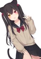 1_female amamachiro amashiro_natsuki animal_ears animal_tail bangs black_hair black_legwear black_sailor_collar black_skirt blush bow bowtie brown_sweater cat_ears cat_hair_ornament cat_tail closed_mouth clothes_lift collarbone commentary_request danbooru danbooru-safebooru dutch_angle ears eyebrows_visible_through_hair female gelbooru hair_between_eyes hair_ornament hand_up heterochromia high_resolution lifted_by_self long_hair long_sleeves looking_at_viewer mature miniskirt original original_character pixiv_72591478 pleated_skirt red_eyes red_neckwear safe sailor_collar sankaku_channel school_uniform shirt simple_background skirt skirt_lift sleeves_past_wrists smile solo sweater tail thigh-highs thighs tongue tongue_out two_side_up undershirt uniform v white_background white_shirt yellow_eyes zettai_ryouiki あましろ せいふく ピースサイン 視線 // 1000x1424 // 764.8KB