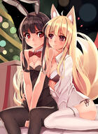 2_females ahoge animal_ears bare_shoulders between_legs black_legwear black_tights blonde_hair blurry blurry_background blush bow bowtie bra breasts bunny_ears bunny_girl bunny_suit cleavage collared_shirt commentary_request detached_collar ears fake_animal_ears female fishnet fishnet_legwear fishnet_pantyhose fishnets forced_yuri fox_ears hand_between_legs hand_on_another's_hip high_resolution highres kiowa legwear leotard lipstick long_hair looking_at_another makeup medium_breasts multiple_females original panties pantyhose pixiv_291200 pixiv_60620448 purple_eyes red_eyes safe shirt side-tie_panties sidelocks sitting stockings tail thigh-highs underwear v_arms white_legwear white_shirt yumemi_(kiowa) yuri クリスマスプレゼント 茶隼 // 1164x1600 // 640.1KB