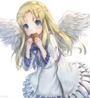 blonde_hair blue_bow bow cleanloli commentary danbooru-safebooru dress dutch_angle eating feathered_wings feathers female gelbooru hikari_niji holding_food holding_object killmaxnill_ mature parted_bangs safe she's_need_some_attention_[legend_of_the_shield_hero] simple_background tate_no_yuusha_no_nariagari twitter_username white_background white_dress white_wings wings // 1377x1500 // 2.2MB