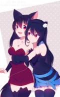 2_females animal_ears arm_at_side arm_holding arm_warmers armpits artist_name bare_shoulders belt belt_buckle black_hair black_shirt blue_skirt blush borrowed_character breasts buckle cat_ears cleavage cowboy_shot danbooru detached_sleeves dress ears fangs female gradient_hair hair_between_eyes heart heart_necklace high_resolution holding_arm hug hug_from_behind jewelry leaning leaning_forward legwear long_hair long_sleeves looking_at_another medium_breasts miniskirt multicolored_hair multiple_females necklace open_mouth original original_character pendant pleated_skirt polka_dot polka_dot_background purple_hair purple_legwear red_dress red_hair rimuu round_teeth safe shirt short_dress skirt smile standing stockings strapless strapless_dress tareme_eyes teeth thigh-highs yuri zettai_ryouiki ☆ // 800x1280 // 654.1KB