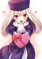 1_female albino blonde_hair blush bow box capelet coat commentary_request contentious_content cowboy_shot dress eyebrows_visible_through_hair fal fal_(pixiv_1110804) fate fatekaleid fatestay_night fate1000users入り female gift gift_box gift_wrapping gloves happy hat heart heart-shaped_box holding holding_gift illyasviel_von_einzbern incoming_gift jacket loli long_hair long_sleeves looking_at_viewer mature open_mouth outstretched_arms purple_coat purple_hair red_bow_ornament red_eyes scarf simple_background solo standing type-moon upper_teeth valentine white_dress white_gloves white_hair white_neckwear white_scarf winter_clothes young イリヤ バレンタインイリヤ 武内崇 // 715x1000 // 835.7KB