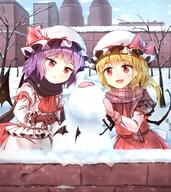2_females ascot bare_tree bat_wings black_gloves black_scarf blonde_hair blue_sky blush building buttons clock crystal d day demon_wings fangs female flandre_scarlet frilled_shirt_collar frills gloves grey_skirt hat hat_ornament hat_ribbon headwear juliet_sleeves lolibooru.moe long_sleeves mansion minust mittens mob_cap multiple_females open_mouth outdoors pink_gloves pixiv_15772166 pixiv_60281962 plant puffy_sleeves purple_hair red_ascot red_eyes red_neckwear red_ribbon red_skirt red_vest remilia_scarlet ribbon safe scarf shirt short_hair siblings sisters skirt sky smile snow snowing snowman tauminust team_shanghai_alice teeth touhou touhou_project tree tsurime vest wall white_hat white_shirt wings ほのぼの東方 レミフラ 冬レミフラ 紅魔館 雪だるま // 900x1009 // 1.1MB