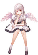 1_female angel_wings arm_support bangs black_footwear blush btraphen closed_mouth commentary_request eyebrows_visible_through_hair feather feathered_wings feathers female footwear grey_hair grey_wings hair_between_eyes high_resolution jewelry leaning leaning_forward loafers long_hair original puffy_short_sleeves red_eyes safe safebooru shirt shoes simple_background sitting skirt smile socks solo very_long_hair white_background white_legwear white_shirt white_skirt wings ピリオド 小石川小羽 小石川小羽ちゃん // 1000x1434 // 431.6KB