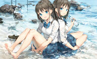 2_females anmi anmi@3日目東a-17a asymmetrical_hair back-to-back bangs bare_legs barefoot beach black_hair blue_eyes blush bottle breasts brown_hair day drink duo feet female footwear happy leg_hug legs loafers long_hair long_sleeves looking_at_viewer medium_breasts multiple_females no_shoes ocean one_side_up open_mouth original original_character outdoors partially_submerged pixiv_62608184 pleated_skirt ponytail ramune safe sailor_uniform sand school_uniform shoes shoes_removed side_ponytail sitting skirt sleeves_rolled_up slip-on_shoes smile soles tied_hair toes uniform wallpaper water wet wet_clothes yokozuwari yuri びしょ濡れ オリジナル50000users入り チェックスカート 海辺の双子 // 1430x868 // 1.3MB