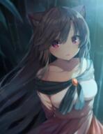 1_female animal_ears arms_behind_back bare_shoulders breasts brooch brown_hair collarbone commentary dress ears female imaizumi_kagerou jewelry long_hair looking_at_viewer medium_breasts off-shoulder_dress off_shoulder parted_lips pixiv red_eyes shinoba shinova shnva☯_(12296581) solo touhou tree very_long_hair wolf_ears オフショルダー ロングスカート // 700x909 // 769.4KB