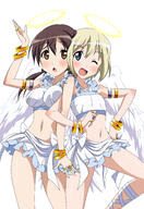 2_females 2girls ;d absurd_resolution absurdres angel_wings ankle_lace-up armlet blonde_hair blue_eyes blush bow bracelet breasts brown_eyes brown_hair cosplay costume crop_top cross-laced_footwear erica_hartmann feathers female flat_chest frills gertrud_barkhorn hair_ribbon halo halterneck hand_on_hip high_resolution highres hips image_sample jewelry mature mc_axis medium_breasts midriff miniskirt multiple_females multiple_girls navel o one_eye_closed onoda_masahito onoda_masato open_mouth ribbon ring safe short_hair simple_background skirt smile strike_witches tied_hair twintails vector_trace wings wink world_witches_series yandere_sample // 2406x3500 // 1.8MB