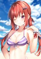 1 1_female >) bangs bare_shoulders bikini blurry_background breasts cleavage closed_mouth collarbone commentary_request day depth_of_field eyebrows_visible_through_hair f235e6fe638607acb6f558e9e4f70b1f fangs_out female gabriel_dropout hair_ornament hair_ribbon hair_tie halterneck high_resolution highres horizon long_hair looking_at_viewer medium_breasts one_eye_closed outdoors pink_eyes pshiero red_hair ribbon safe satanichia_mcdowell_kurumizawa sky smile solo stomach striped striped_bikini striped_swimsuit swimsuit tied_hair twintails しえろ。 ガヴリールドロップアウト ガヴリールドロップアウト1000users入り 水着サターニャ 胡桃沢=サタニキア=マクドウェル // 848x1200 // 923.9KB