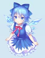 1_female art_abyss bare_arms blue_background blue_dress blue_eyes blue_hair blue_skirt bow cirno female hair_between_eyes highres ice ice_wings looking_at_viewer neck_ribbon o puffy_sleeves red_ribbon ribbon safe simple_background skirt skirt_set solo touhou wings // 1000x1270 // 807.8KB