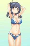 10s 1_female ahoge anthropomorphism archway_of_venus armpits arms_behind_head arms_up ass_visible_through_thighs bikini black_hair blue_bikini blue_hair blush bow bow_bikini breasts brown_eyes cleavage collarbone cowboy_shot female female_focus frilled_bikini frills gradient gradient_background kantai_collection large_breasts long_hair midriff navel o o-ring o-ring_top open_mouth ribbon safe sankaku_channel shiny shiny_skin simple_background solo swimsuit takayaki thighs ushio_(kantai_collection) white_bow // 651x1000 // 52.4KB