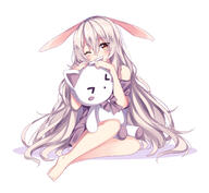 1_female >_< absurd_resolution animal_ears artist_name bare_legs bare_shoulders barefoot blush blush_stickers borrowed_character bow bunny_ears colored_shadow commentary covered_mouth deviantart_username ear_down ears ears_down english_commentary female hair_between_eyes hands_up helen_phan high_resolution holding holding_stuffed_animal legs legs_folded long_hair mature no_legwear off-shoulder one_eye_closed orange_eyes original purple_bow purple_shirt safe shadow shirt short_sleeves signature simple_background sitting stuffed_animal stuffed_toy very_long_hair white_background white_hair // 6023x5540 // 5.5MB