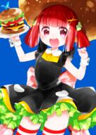 1_female arms_up black_dress blue_background blush burgers commentary_request copyright d dress female food food_themed_clothes hair_ornament hamburger holding holding_plate kurihara_sakura looking_at_viewer mature open_mouth plate purple_eyes red_hair shirt short_hair simple_background sleeveless_dress sleeveless_outfit smile solo striped striped_legwear thigh-highs wrist_cuffs x_hair_ornament // 743x1041 // 746.8KB