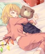 1_female ass barefoot blonde_hair box breasts closed_eyes commentary_request female flandre_scarlet gift gift_box long_sleeves lying mature medium_breasts midriff miyo_(ranthath) no_hat no_headwear object_hug on_side open_mouth overalls pajamas pants pillow pocket red_pants safe short_hair sleeping solo stuffed_animal stuffed_toy teddy_bear touhou wings // 734x888 // 507.6KB