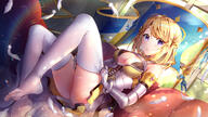 #compass 1_female 2d anime artwork bangs blonde_hair blush breasts center_opening character_request cleavage cleavage_cutout compass day digital_media dressing dutch_angle elbow_gloves eyebrows_visible_through_hair eyes_visible_through_hair female gauntlets gloves high_resolution indoors kuro321123 lens_flare looking_at_viewer medium_breasts no_shoes o pixiv_78147606 portrait purple_eyes safe short_hair sitting skirt soles solo swept_bangs thigh-highs usagihime white_legwear wind 兎姫 战斗天赋解析系统 戦闘摂理解析システム 聖女貞德 聖女貞德ジャンヌ・ダルク // 2500x1406 // 2.7MB