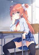1_female 2d anime areola_slip areolae artwork ass_visible_through_thighs between_breasts black_legwear blue_skirt bow breast_rest breasts chair cheek_rest cleavage clothes_lift collared_shirt desk double_bun female flower hair_between_eyes hair_bow hair_flower hair_ornament high_resolution indoors large_breasts legwear long_hair long_sleeves looking_at_viewer mature mimura_zaja miniskirt necktie necktie_between_breasts no_bra orange_eyes orange_hair original panties petals plaid plaid_skirt portrait_display questionable red_neckwear school_chair school_desk school_uniform shirt sidelocks sitting skirt skirt_lift smile solo thigh-highs thighs underwear uniform vertical visible_seams_on_crotch white_bow white_panties white_shirt // 1000x1412 // 1.1MB
