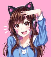 1_female absurd_resolution animal_print arm_up artist_name axent_wear blizzard_entertainment blue_hoodie blush brown_eyes brown_hair bunny_print casual cat_ear_headphones collarbone commentary d d.va_(overwatch) danbooru english_commentary eyebrows_visible_through_hair facial_mark fangs female gelbooru hana_d.va"_song headphones helen_phan high_resolution hood hoodie long_hair long_sleeves looking_at_viewer mature one_arm_up open_mouth overwatch painted_face pink_background portrait safe safebooru salute sankaku_channel science_fiction sidelocks signature simple_background smile solo tbib upper_body very_high_resolution whisker_markings" // 4000x4423 // 4.7MB