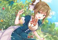 1_female 2d anime artwork bangs blue_dress blush bolo_tie bow brown_hair buttons cherry_tomato clouds d day dress dutch_angle female fingernails food fruit garrison_cap gomano_rio hair_bow hair_intakes hair_tie hand_up jewelry lens_flare looking_at_viewer necklace open_mouth original outdoors pinafore_dress plant ponytail portrait red_bow_ornament safe short_ponytail short_sleeves sky smile solo standing tied_hair tomato white_bow // 1500x1042 // 1.9MB